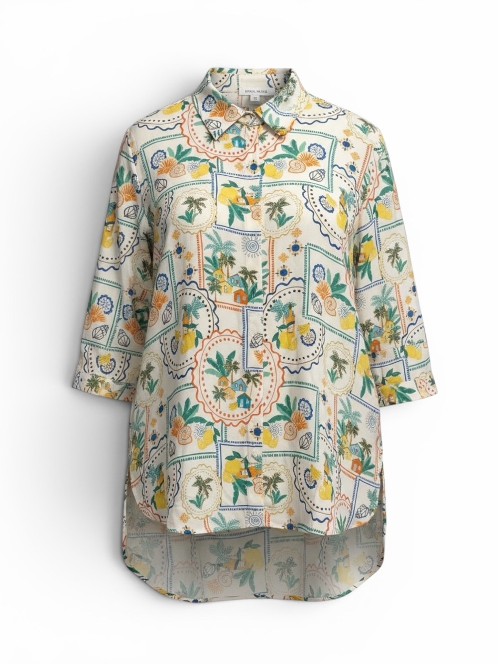 NWT Rose & Olive 3/4 Sleeve Button-Up Top with Tropical Motif and Hi-Lo Hem 1x